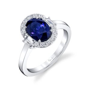 Halo Oval Shaped Blue Sapphire Engagement Ring