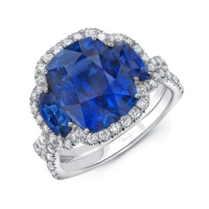 3-Stone-Halo Cushion Cut Blue Sapphire Engagement Ring