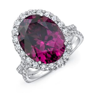 Halo Oval Shaped Rhodolite Engagement Ring