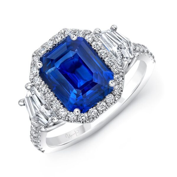 Halo Emerald Cut Blue Sapphire Engagement Ring