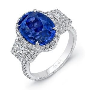 3-Stone-Halo Oval Shaped Yellow Diamond Engagement Ring