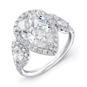 3-Stone-Halo Pear Shaped Diamond Engagement Ring