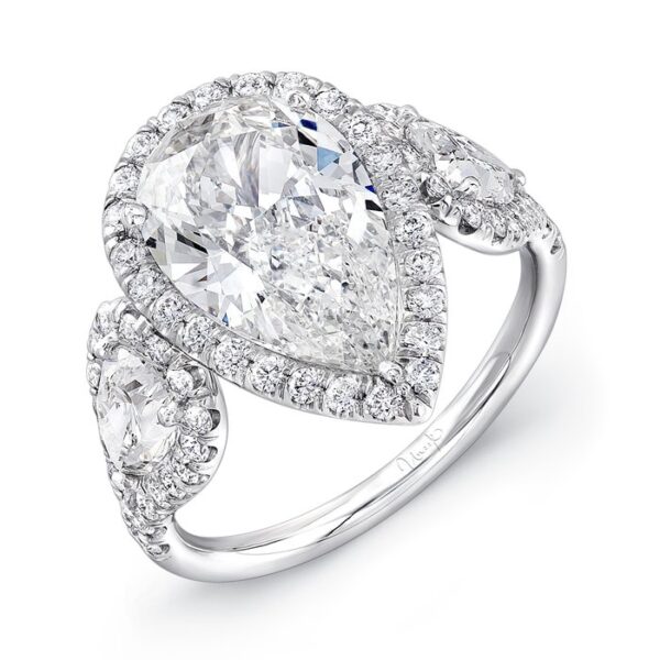 3-Stone-Halo Pear Shaped Diamond Engagement Ring