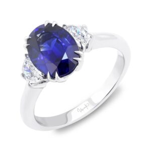 Three-Stone Oval Shaped Blue Sapphire Engagement Ring