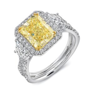 3-Stone-Halo Radiant Fancy Yellow Diamond Engagement Ring