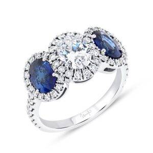 3-Stone-Halo Oval Shaped Diamond Fashion Ring