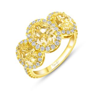 3-Stone-Halo Oval Shaped Fancy Light Yellow Diamond Fashion Ring