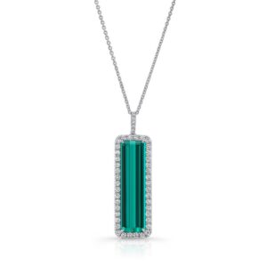 Halo Emerald Cut Indicolite Tourmaline Drop Pendant