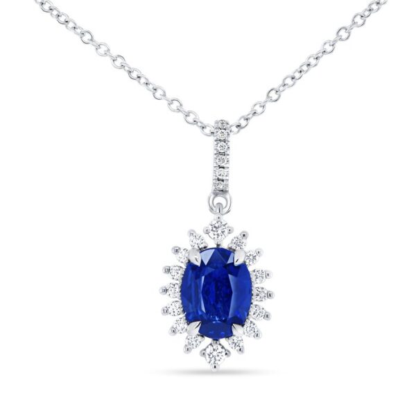 Halo Oval Shaped Blue Sapphire Drop Pendant