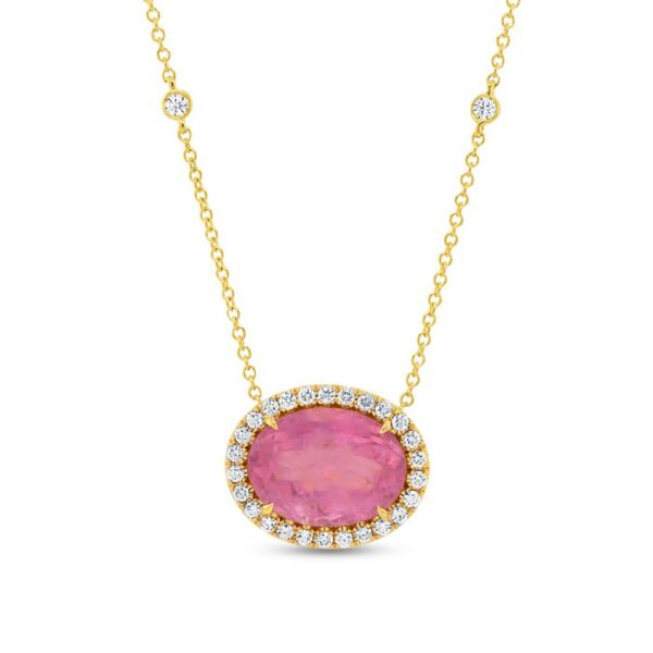 Halo Oval Shaped Pink Tourmaline Drop Pendant