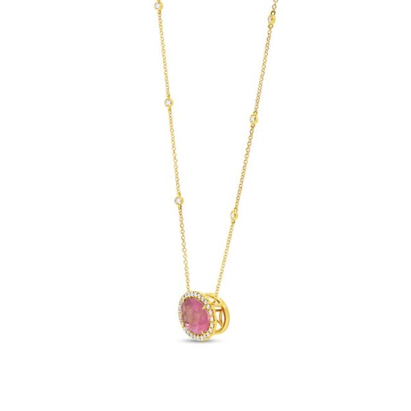 Halo Oval Shaped Pink Tourmaline Drop Pendant - Image 3