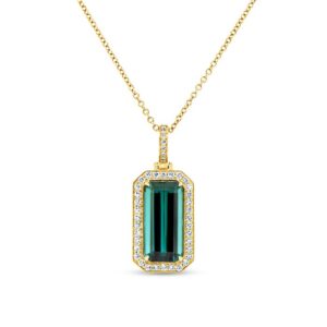 Halo Emerald Cut Indicolite Tourmaline Brooch Pendant