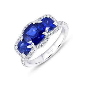 3-Stone-Halo Cushion Cut Blue Sapphire Engagement Ring