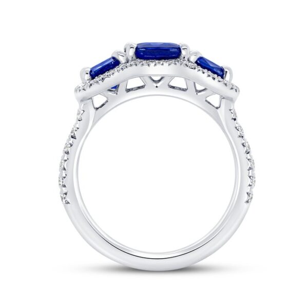 3-Stone-Halo Cushion Cut Blue Sapphire Engagement Ring - Image 2