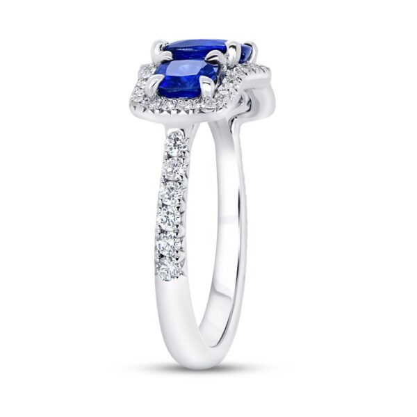 3-Stone-Halo Cushion Cut Blue Sapphire Engagement Ring - Image 3