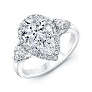 3-Stone-Halo Pear Shaped Diamond Engagement Ring