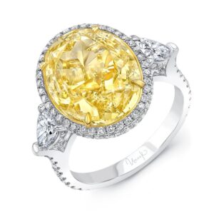3-Stone-Halo Oval Shaped Yellow Diamond Engagement Ring