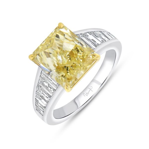 Tapered Radiant Fancy Yellow Diamond Engagement Ring
