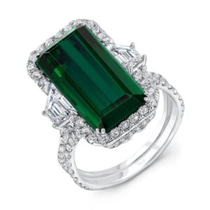 Halo Emerald Cut Green Tourmaline Engagement Ring