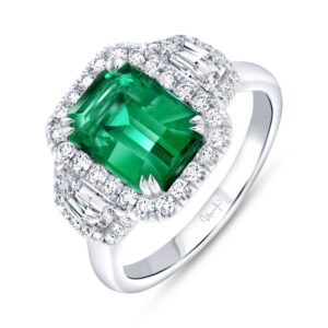 3-Stone-Halo Emerald Cut Emerald Engagement Ring