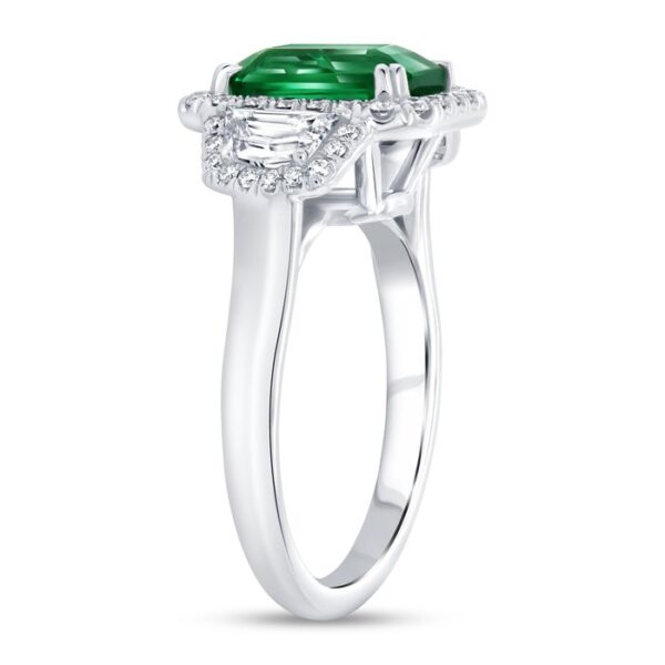 3-Stone-Halo Emerald Cut Emerald Engagement Ring - Image 2