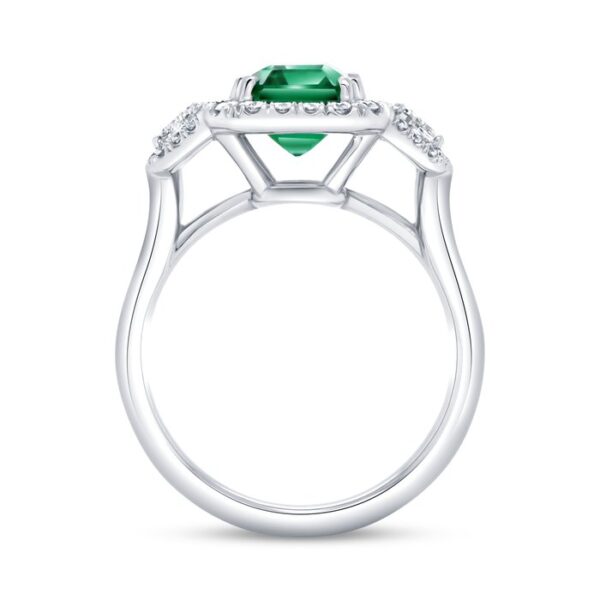 3-Stone-Halo Emerald Cut Emerald Engagement Ring - Image 3