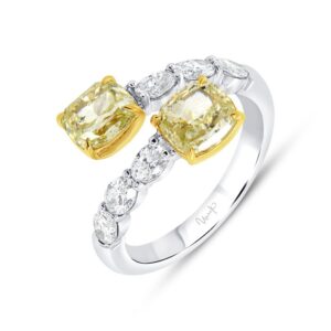 Bypass Cushion Cut Fancy Yellow Diamond Anniversary Ring