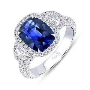 Three-Stone Cushion Cut Blue Sapphire Engagement Ring