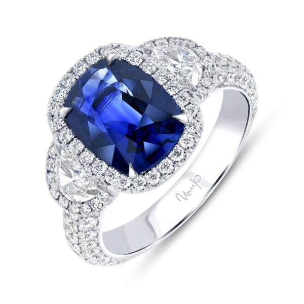 Three-Stone Cushion Cut Blue Sapphire Engagement Ring