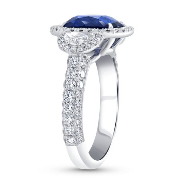 Three-Stone Cushion Cut Blue Sapphire Engagement Ring - Image 2