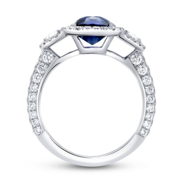 Three-Stone Cushion Cut Blue Sapphire Engagement Ring - Image 3