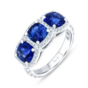 3-Stone-Halo Cushion Cut Blue Sapphire Engagement Ring