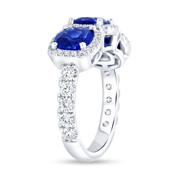 3-Stone-Halo Cushion Cut Blue Sapphire Engagement Ring - Image 2