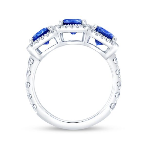 3-Stone-Halo Cushion Cut Blue Sapphire Engagement Ring - Image 3