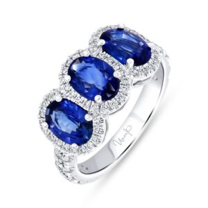 3-Stone-Halo Oval Shaped Blue Sapphire Engagement Ring