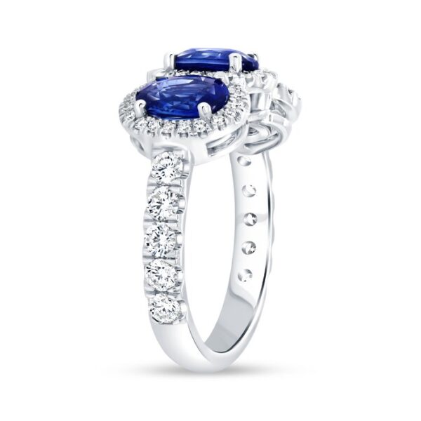 3-Stone-Halo Oval Shaped Blue Sapphire Engagement Ring - Image 2