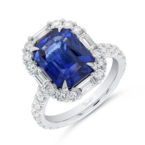 Halo Emerald Cut Blue Sapphire Anniversary Ring