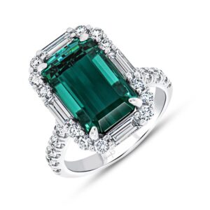 Halo Emerald Cut Green Tourmaline Engagement Ring