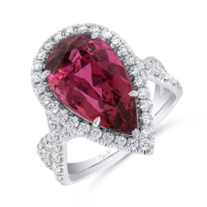 Double-Halo Pear Shaped Rubellite Anniversary Ring