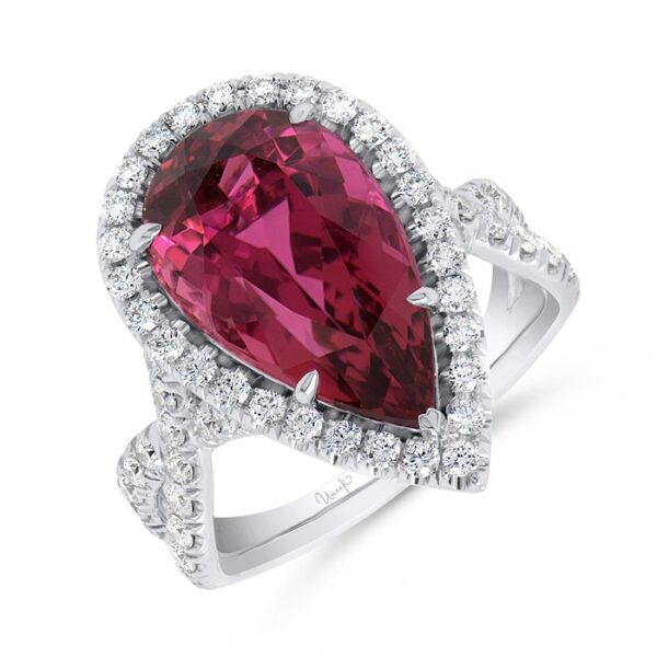 Double-Halo Pear Shaped Rubellite Anniversary Ring