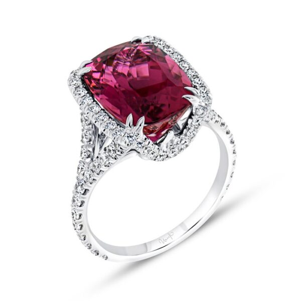Halo Cushion Cut Rubellite Engagement Ring