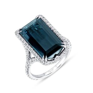 Halo Emerald Cut Green Tourmaline Engagement Ring