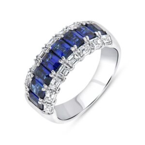 3-Row Emerald Cut Blue Sapphire Anniversary Ring