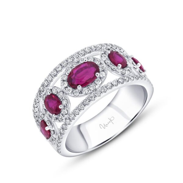 5-Stone-Halo Oval Shaped Ruby Fashion Ring