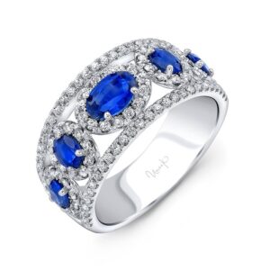 5-Stone-Halo Oval Shaped Blue Sapphire Fashion Ring