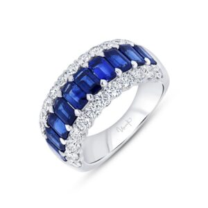 3-Row Emerald Cut Blue Sapphire Anniversary Ring