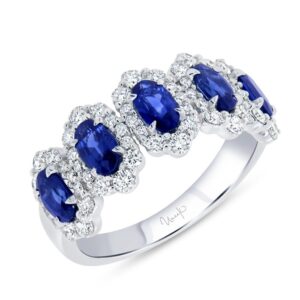 5-Stone-Halo Oval Shaped Blue Sapphire Fashion Ring