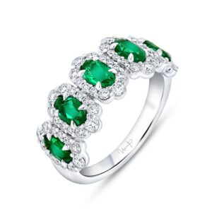 5-Stone-Halo Oval Shaped Emerald Fashion Ring