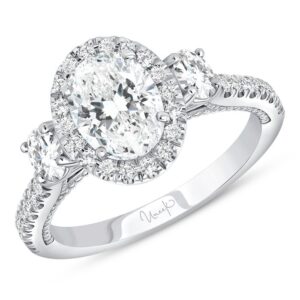 3-Stone-Halo Oval Shaped Engagement Ring