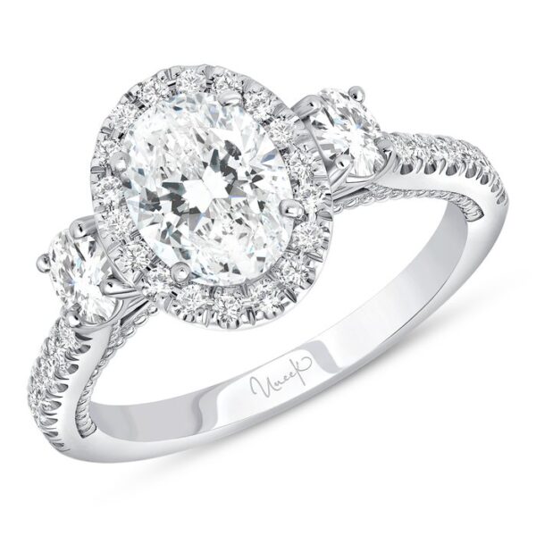 3-Stone-Halo Oval Shaped Engagement Ring